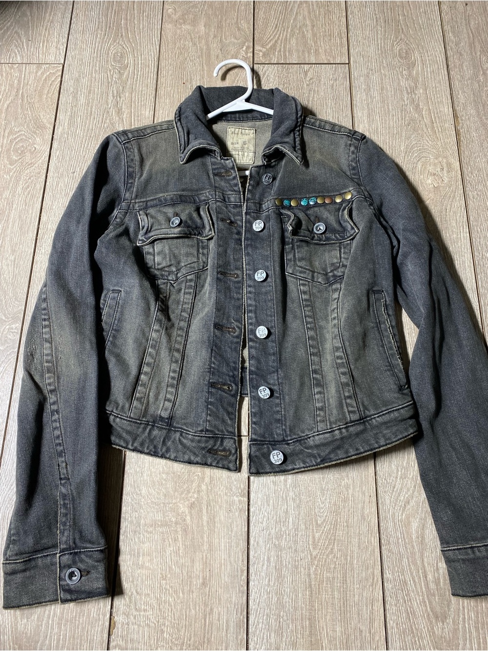 Free People Y2K Heart Studded Denim Jacket Charcoal Distressed Small